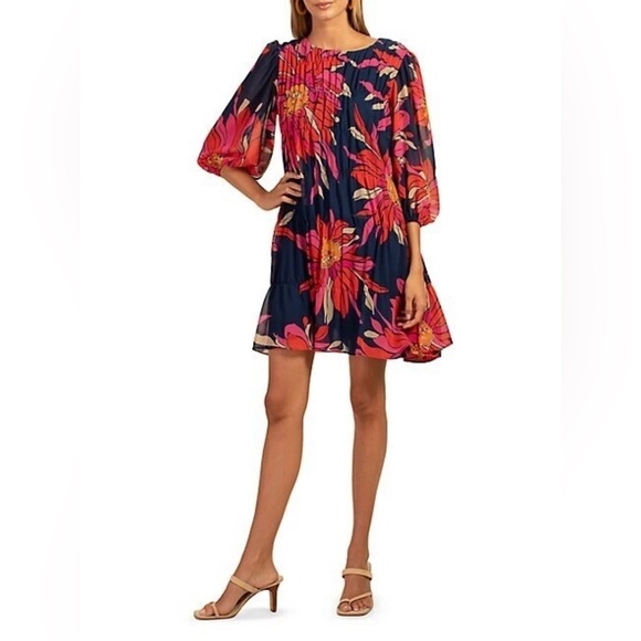 Trina Turk Silvery Dress 3/4 Balloon Sleeve A-line Gathered Size Medium BNWT - Picture 1 of 10